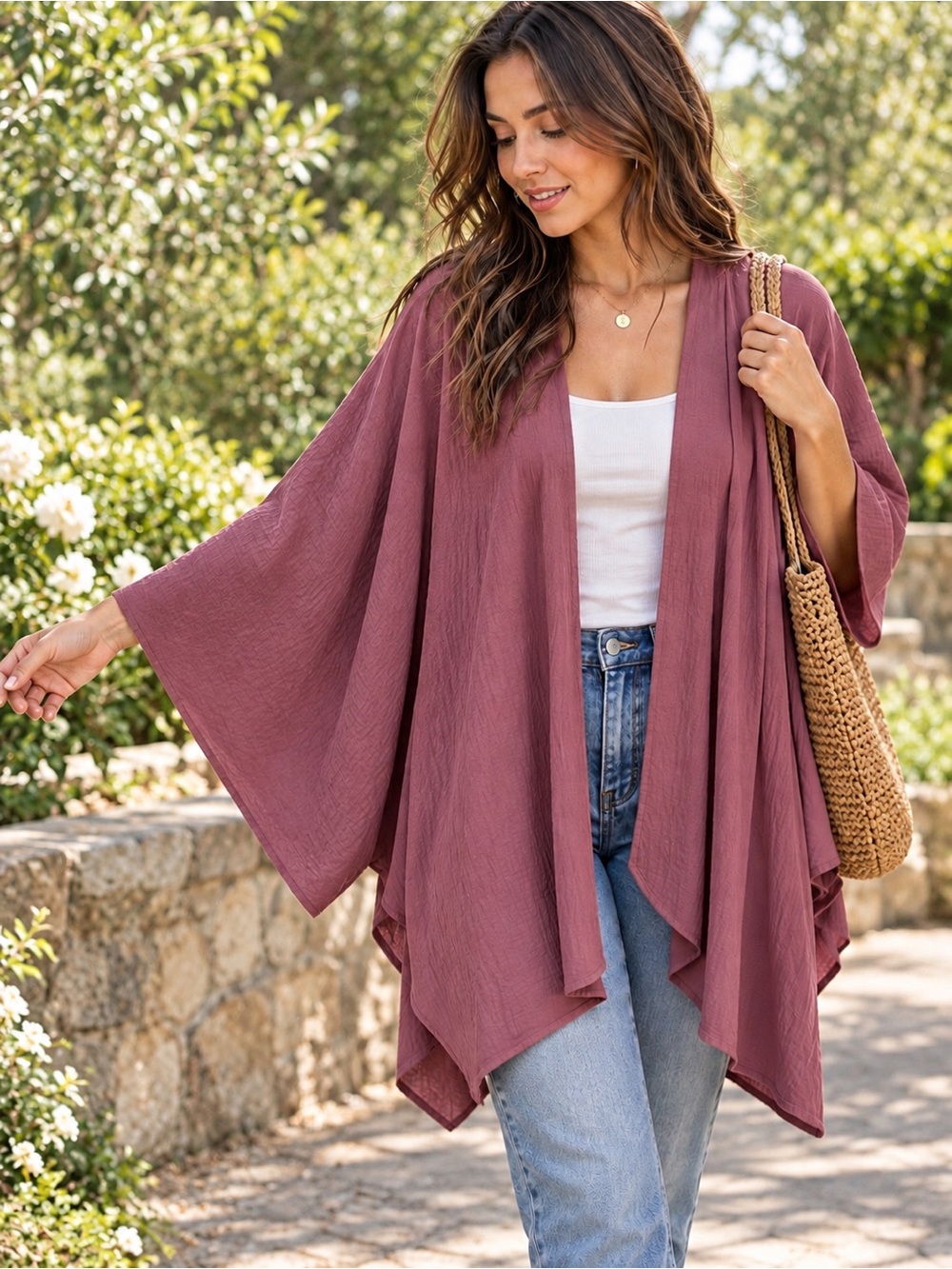 Women's Open-Front Kimono Cardigan in Dusty Rose